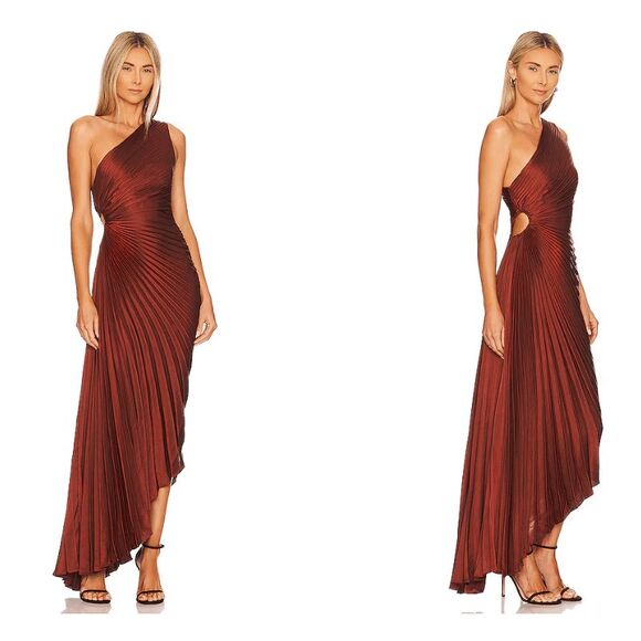 NWT A.L.C. Delfina Pleated Cutout One-Shoulder Dress in Brunette Brown Size 10 - Picture 2 of 8